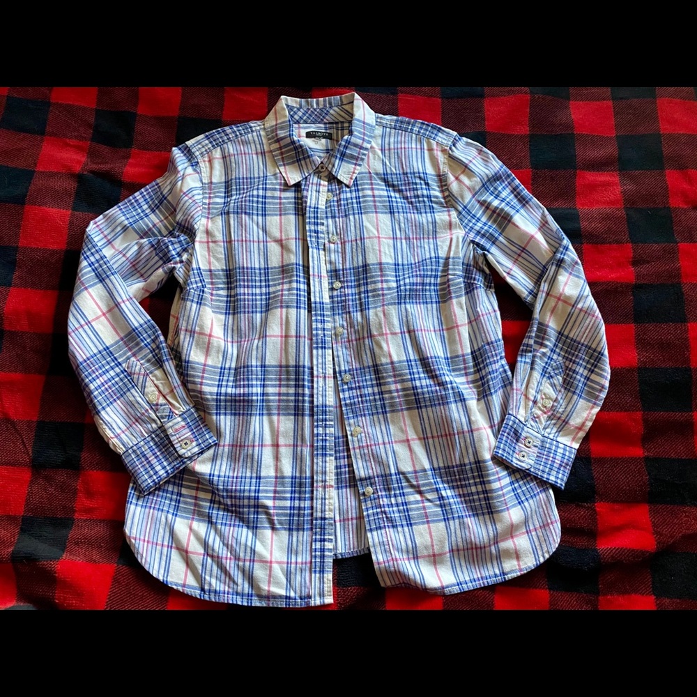 Talbots Petites white/blue/pink plaid button down